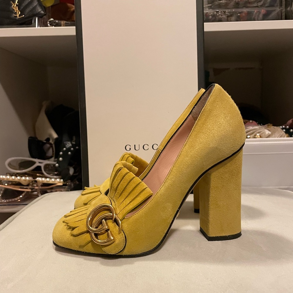 Yellow Gucci marmont suede heels
